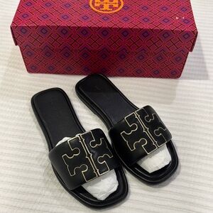 Tory Burch Black Slide Sandals with Gold Accent